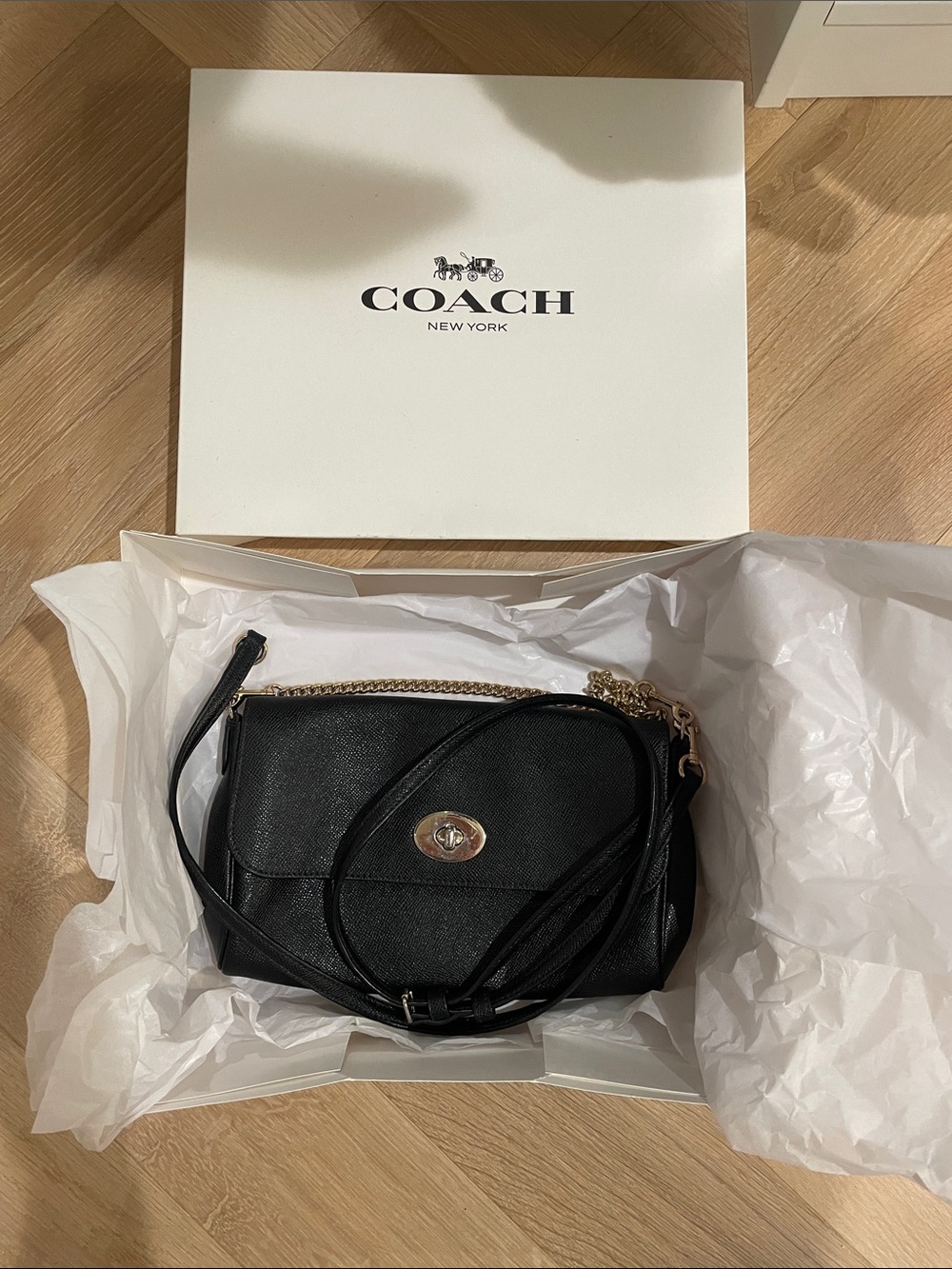 Coach Black Leather Crossbody with Turnlock and Chain Accent - Picture 3 of 13